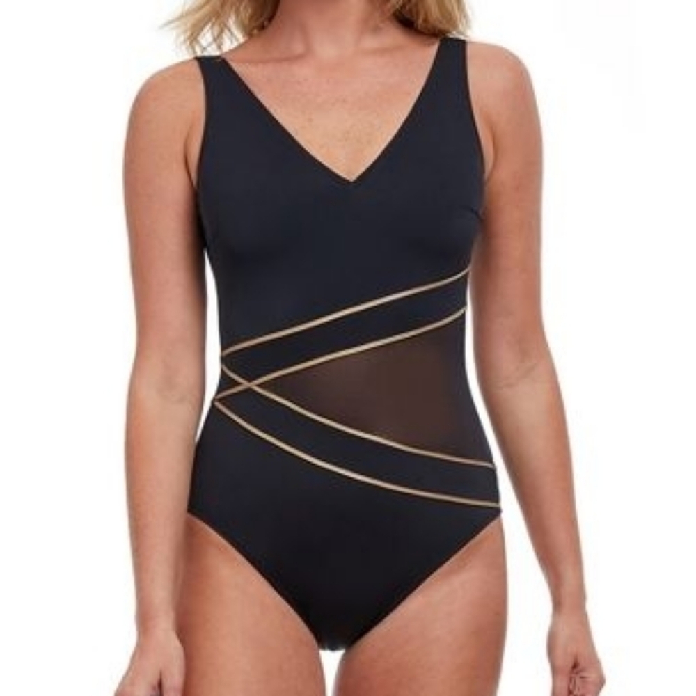 Gottex Black and Gold Full Coverage V-Neck One Piece Swimsuit Size 6